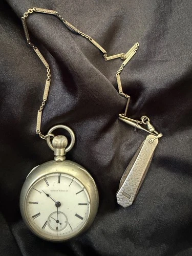 Antique Illinois Columbia Pocket Watch Key Wind Running w/ Chain Fob Coin Silver