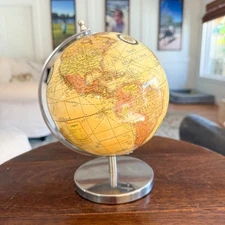 Vintage World Time Globe Yellow With Silver Metal Stand 8”