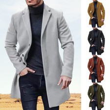 Mens Woolen Long Trench Coat Lapel Long Jacket Overcoat Formal Outwear Winter