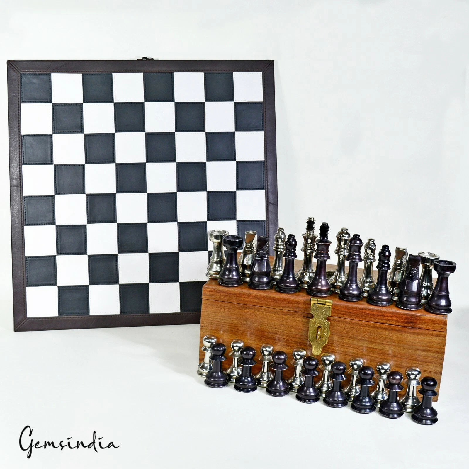 18" Leather Chess Board Set with Wooden Storage Box - Large 2" Squares Gift