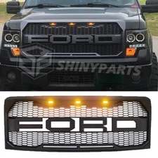 Grill For 2009-2014 FORD F-150 F150 Raptor Style Bumper Hood  Black W/LED&Letter