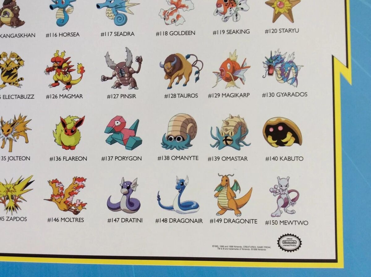 Pokemon Original 150 Characters Poster 22X34 Nintendo 1998 Gotta