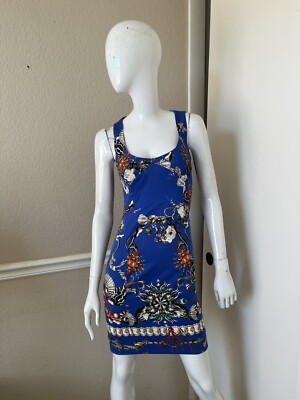 ROBERTO CAVALLI Blue/Red Cotton Sleeveless Seashell/Jewel Sheath Dress Sz 40 IT