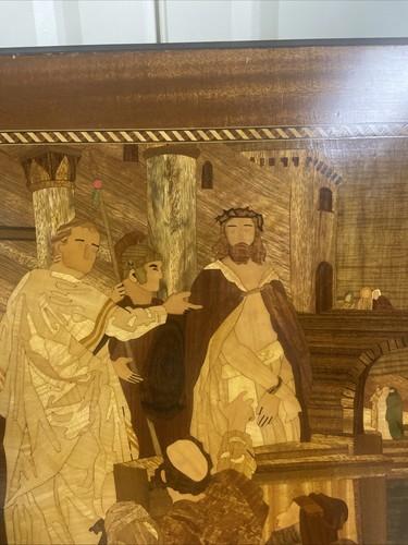 Jesus Marquetry 21” x 23” Religious Wood Picture Of Jesus & Others - Picture 4 of 24