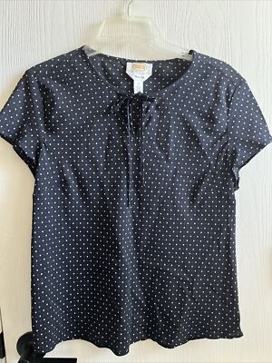 Talbot s Petites Blouse 12P Navy 100% Silk Wht Dots Keyhole Neck w/ Tie S/S EUC