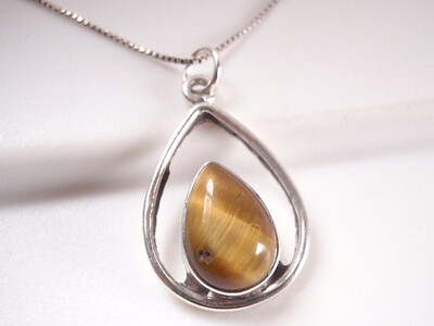Tiger Eye Teardrop in Hoop 925 Sterling Silver Pendant c72g