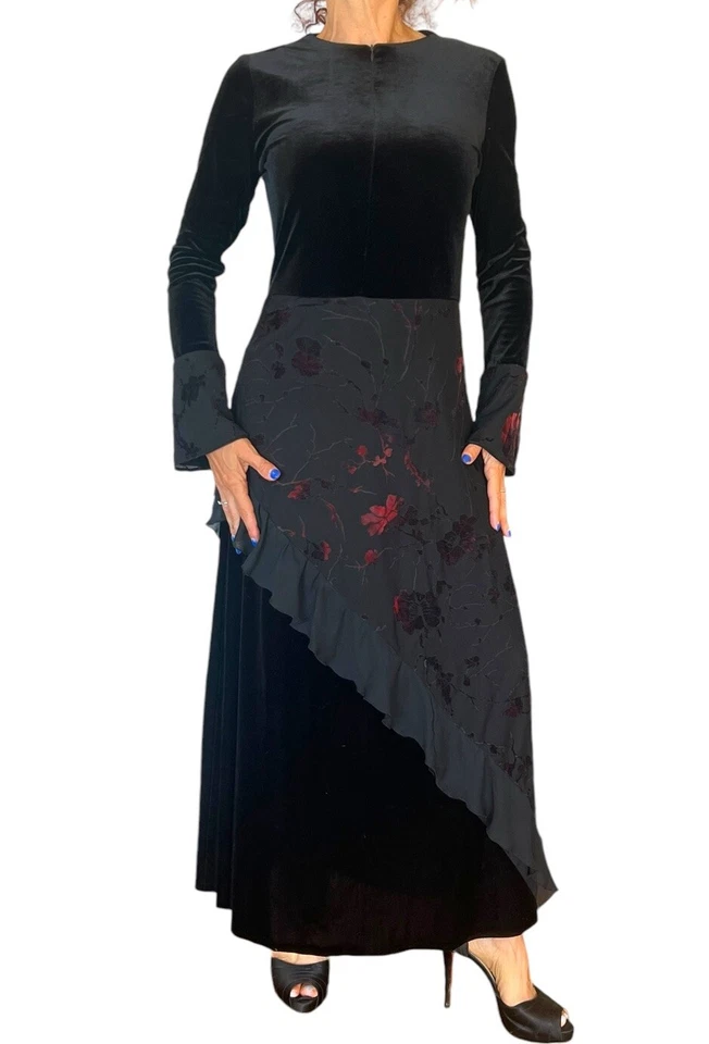 VESTIDO VINTAGE MUJER J. ADIRO NEGRO TERCIOPELO FLORAL GÓTICO MANGA LARGA MAXI XS Foto 2 de 4