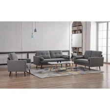 Classic Living Room 3Pc Sofa Set w/ Pillows, Linen Tufted Sofa Loveseat Armchair