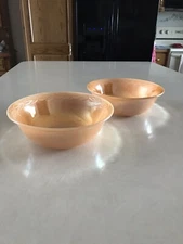 2 Vtg Fire King Peach Luster Laurel Leaf Serving Veg Bowl Iridescent Orange 8”