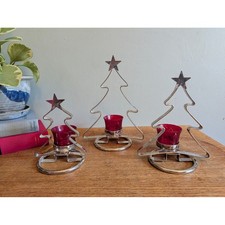 VTG 3pc Christmas Tree Votive Set Silver Plated Red Glass Int'l Silver Co