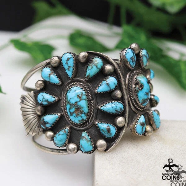 Vintage Southwestern Silver & Turquoise Chunky Cluster Cuff Bracelet