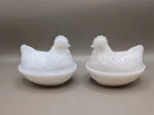 Vintage White Milk Glass Hen on Nest Chicken Dish w/ Lid Hocking Set Of 2
