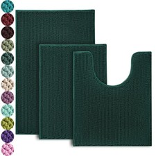 3-Piece Non-Slip Chenille Bath Rug Set - Soft, Washable, Dark Green