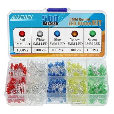 AUKENIEN 500 Stück 3MM LED Dioden Leuchtdiode sortiment Kit Rundkopf 2 Pin LED 