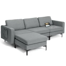 Modular L-shaped Sectional Sofa w/Overstuffed Backrest & Thick Cushion Dark Grey