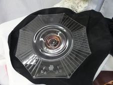 Pink Depression Glass Etched Octagon Cake Stand