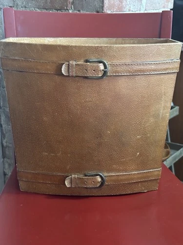 Rare Vtg Global Views Leather Covered Wooden Trash Can, Umbrella Stand, Buckles