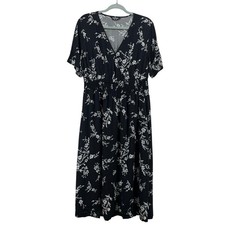 BloomChic Size 12 Midi Dress Black Floral Smocked Waist Pockets Rayon Large
