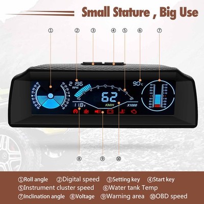 For Car OBD2 Multi-function Gauge HUD Head-Up-Digital Speedometer Slope Display
