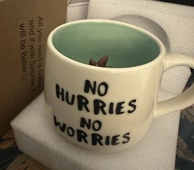 [3-D] FAULTIER INNEN TASSE - ''NO HURRIES NO WORRIES'', Keramik Kaffeetasse, VINTAGE