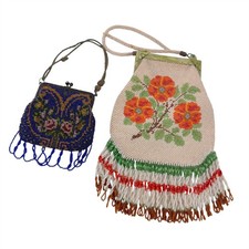 Floral Beaded Evening Bag Green Plastic Frame  Blue Beaded Purse Vintage 1930s