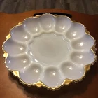 Vintage Anchor Hocking White Glass Deviled Egg Plate Gold Trim Mid Century Mod