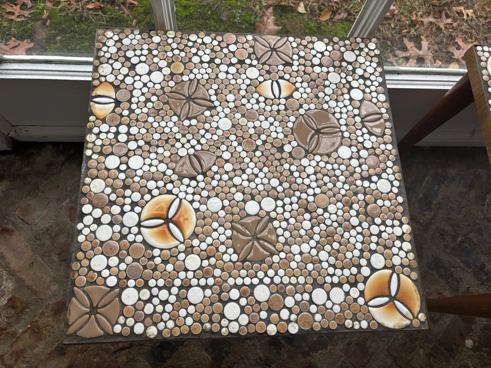 Juego de 3 mesas anidadoras de guijarros de cerámica artesanales vintage, necesitan restauración Foto 2 de 4