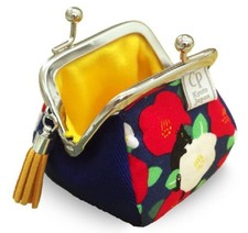 Japanese Tiny Gamaguchi Coin Purse Small Pouch Navy Camellia & Cat Kyoto Made