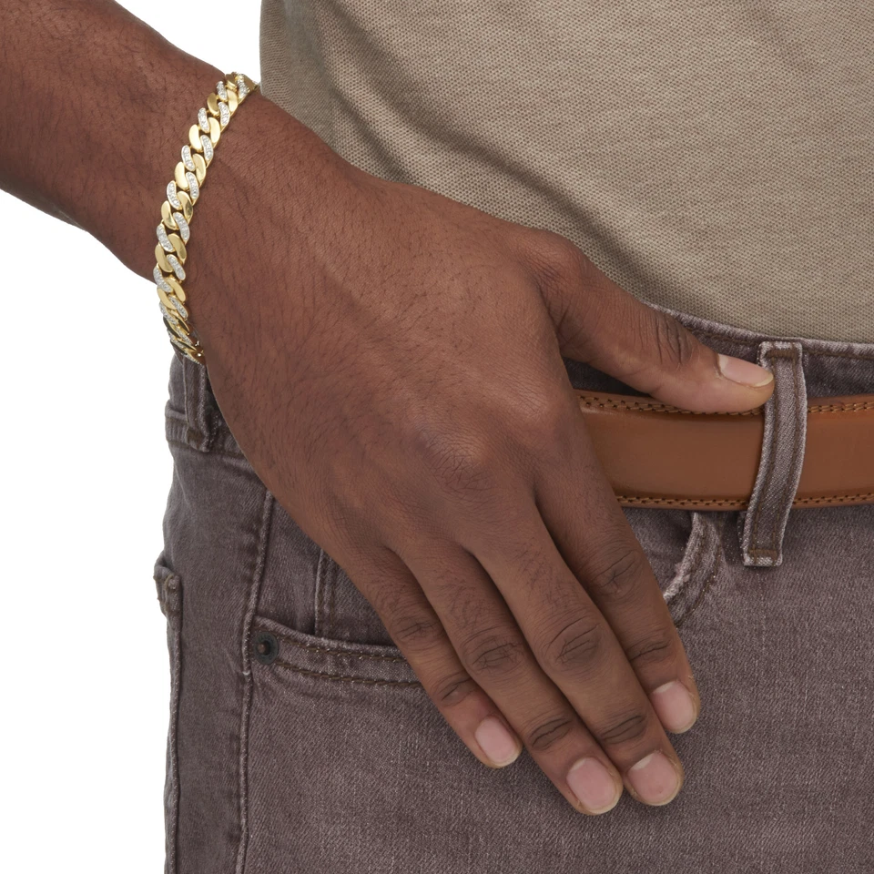 Brazalete de eslabones con acento de diamantes para hombre chapado en oro amarillo de 9,5" Foto 4 de 4