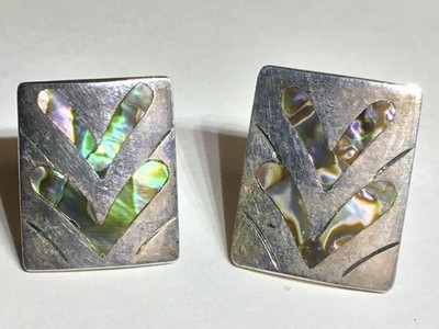 VINTAGE Signed TAXCO MEXICO STERLING 925 ABALONE SHELL INLAY CUFFLINKS