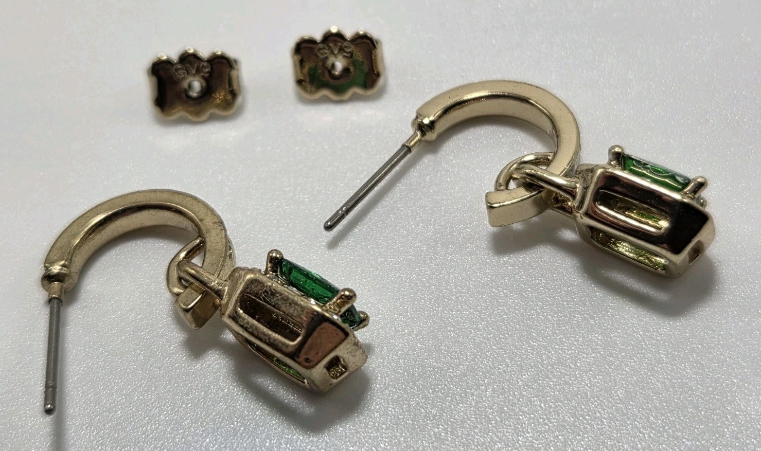 Simulated Emerald Gold Tone Dangle Post Earrings … - image 12