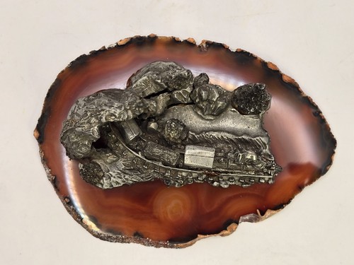 Pewter Train in Tunnel on Polished Geode Gemstone Slice 5"x3.75" - Picture 8 of 12