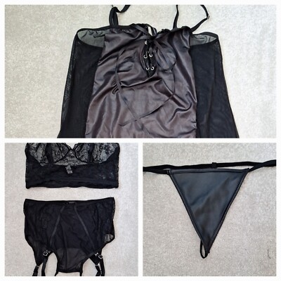 Venus Damen Schwarz 4 Stück Body Straps Slip BH Tanga Set GR. S 10 NEU