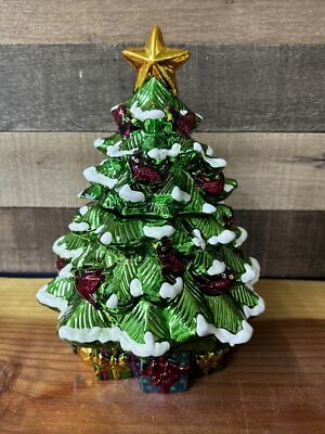 DAVIDS COOKIES Green Metallic  Christmas Tree Cookie Jar 12 