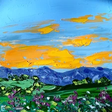 Original Painting Sunset Meadow Landscape Oil Flowers Wall Art Sky size 6 x 6 in