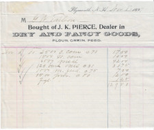 1897 Receipt J.K Pierce, Dry & Fancy Goods, Plymouth, New Hampshire, G.W Tarlson