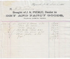 1897 Receipt J.K Pierce, Dry & Fancy Goods, Plymouth, New Hampshire, G.W Tarlson