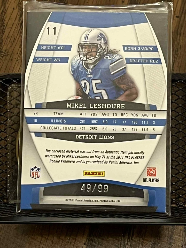 MIKEL LESHOURE 2011 ROOKIE GRIDIRON GEMS DETROIT LIONS RELIC JERSEY PATCH RC /99 - Image 2 of 2