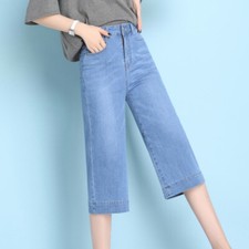 Women Capri Jeans Below Knee Denim Shorts High Waist Straight Leg Pants New
