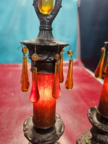 Antikes Paar Boudoir- oder Akzentlampen mit Glimmerschirmen Bernstein Prismen neu verkabelt - Bild 8 von 24