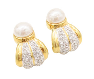Authentic 925 Sterling Silver Vintage Earrings Gold Plated Pearl & CZ Inlay EG13109