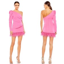 NEW Ieena MAC DUGGAL Candy Pink FEATHER TRIM One Shoulder LONG SLEEVE Mini DRESS