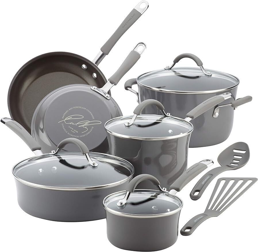 12 Piece Nonstick Cookware Sets Kitchen Dining Pots and Pans Set Sea Salt Gray