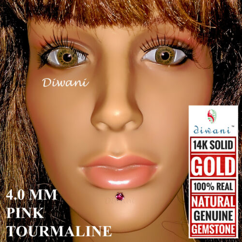 4.0mm Natural Rhodolite Nose Ring Pin Stud Labret Monroe Piercing Screw 14k Gold - Picture 1 of 12