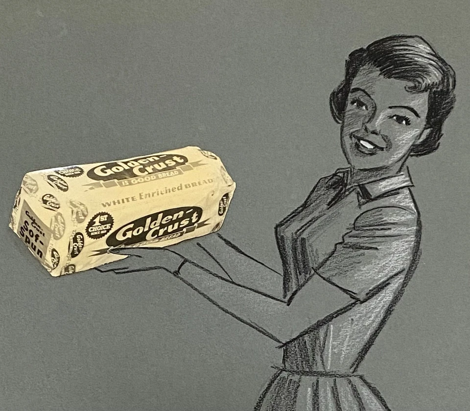 Vtg Golden Crust Bread Bakery Mom Food Advertising Drawing Art Bakersfield CA - Image 3 of 3