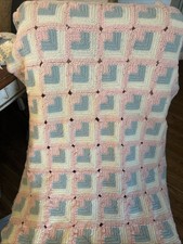 Vintage Pastel Hand Crochet Knit Baby Blanket Throw Afghan Pink Blue White 28x30