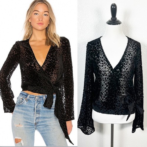 PAIGE Fairy Grunge Whimsigoth Jenna Silk Velvet Burnout Wrap Blouse Black XS - Picture 2 of 12