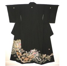 Kimono seta vintage giapponese nero tomesode artista dipinto a mano fiori Giappone