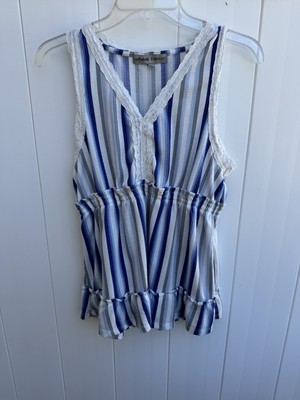 Absolutely Famous Med Blue & White Stripe Babydoll Sleeveless Top Lace Accent