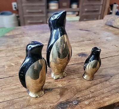 Vintage Brass & Enamel Penguin Figurines Set of 3 Black & Gold Mid Century Style